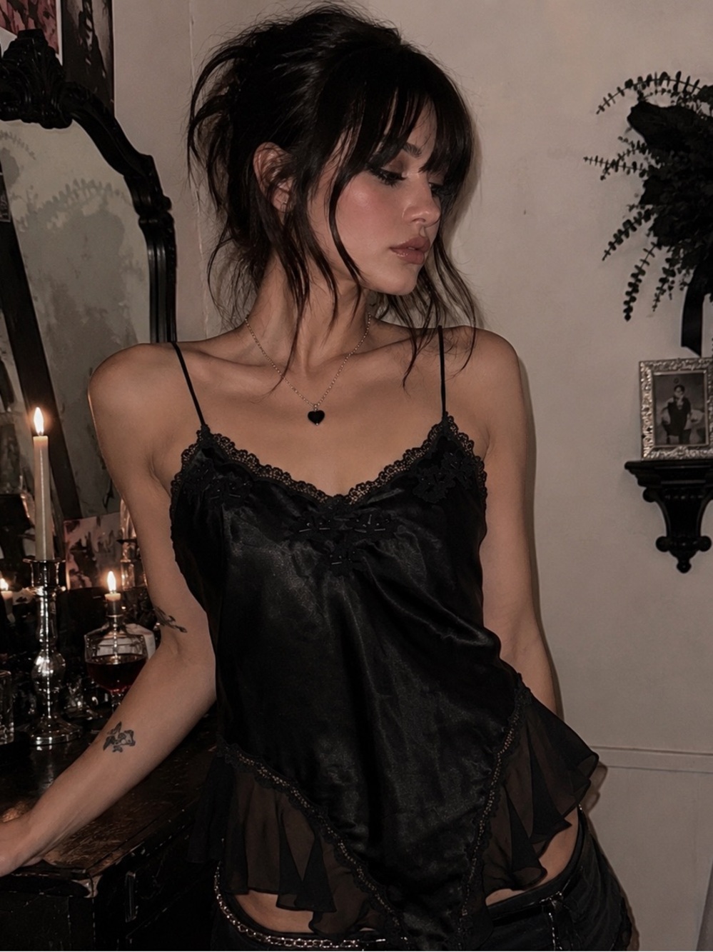 Black Satin Lace-Trim Camisole Slip with Sheer Ruffle Hem